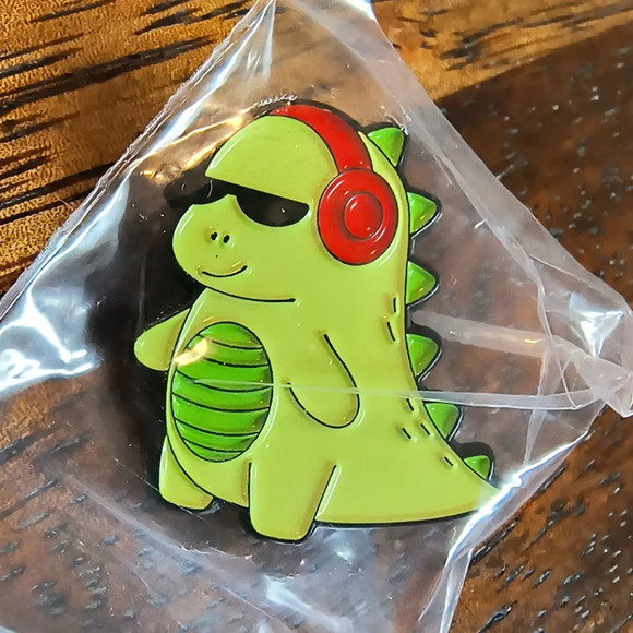 Funny dinosaur Godzilla headphones green sunglasses women's enamel pin men's dec - Picture 1 of 2